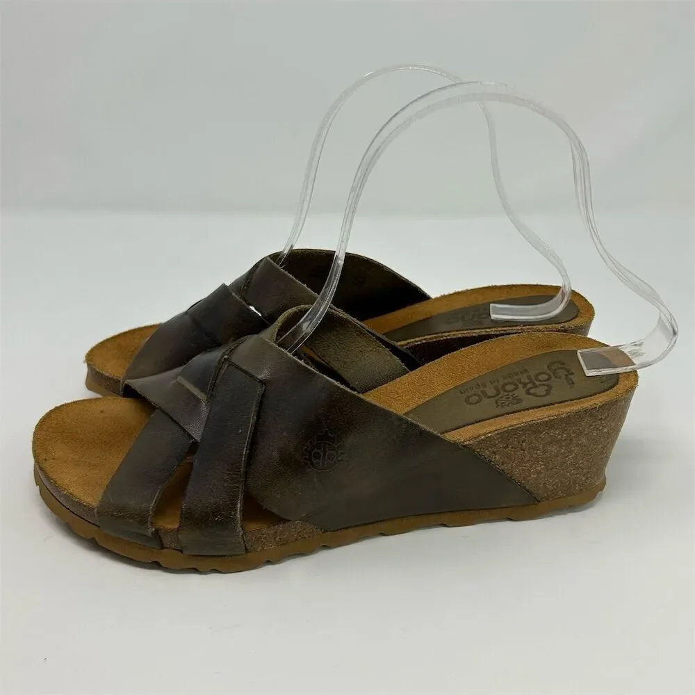 Yokono Women's Brown Leather Slip-On Wedge Sandals Size 9 Comfort Summer